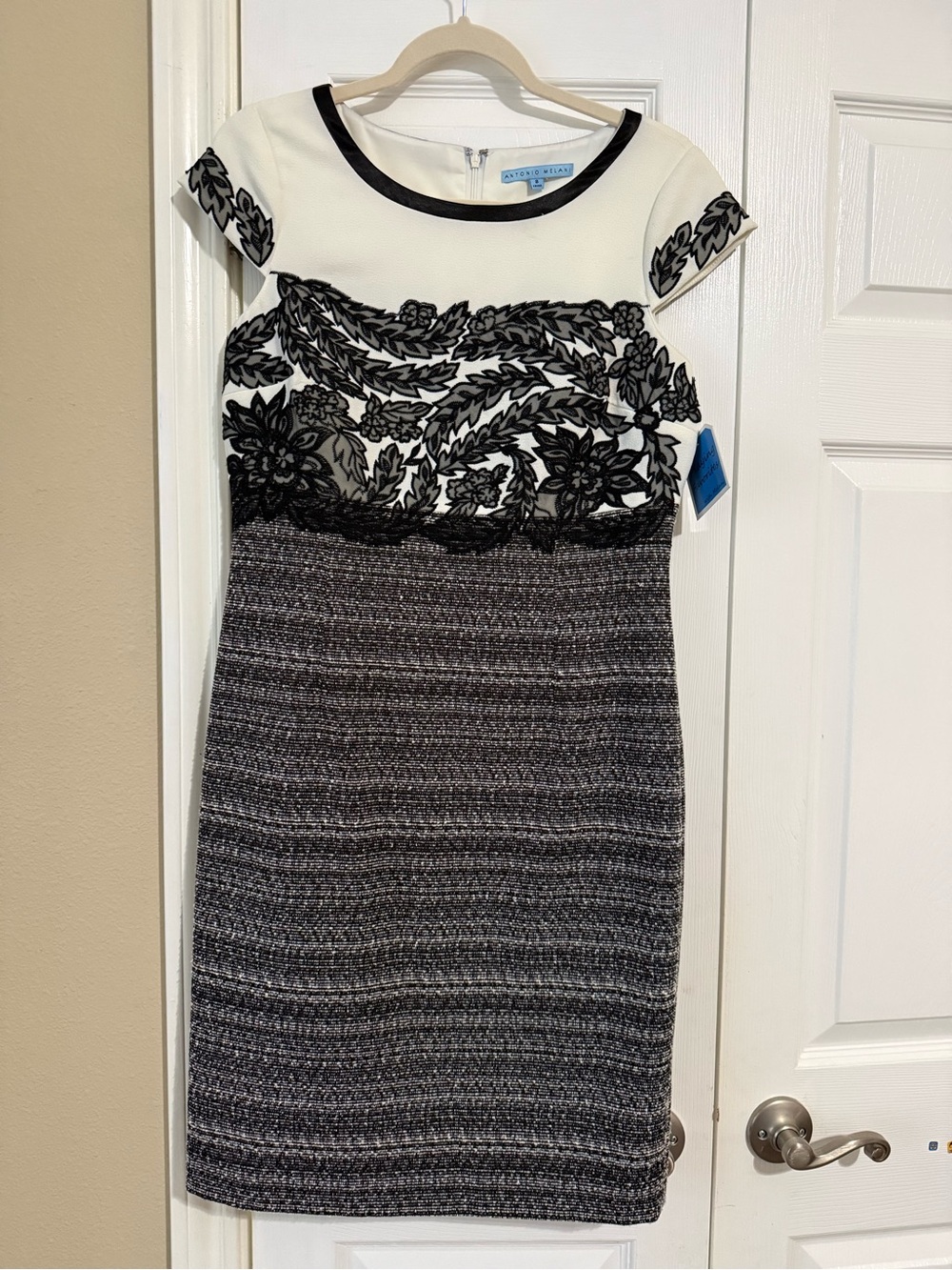 ANTONIO MELANI “Adara” Black and White Lace-Detail Midi Dress, Size 8, NWT